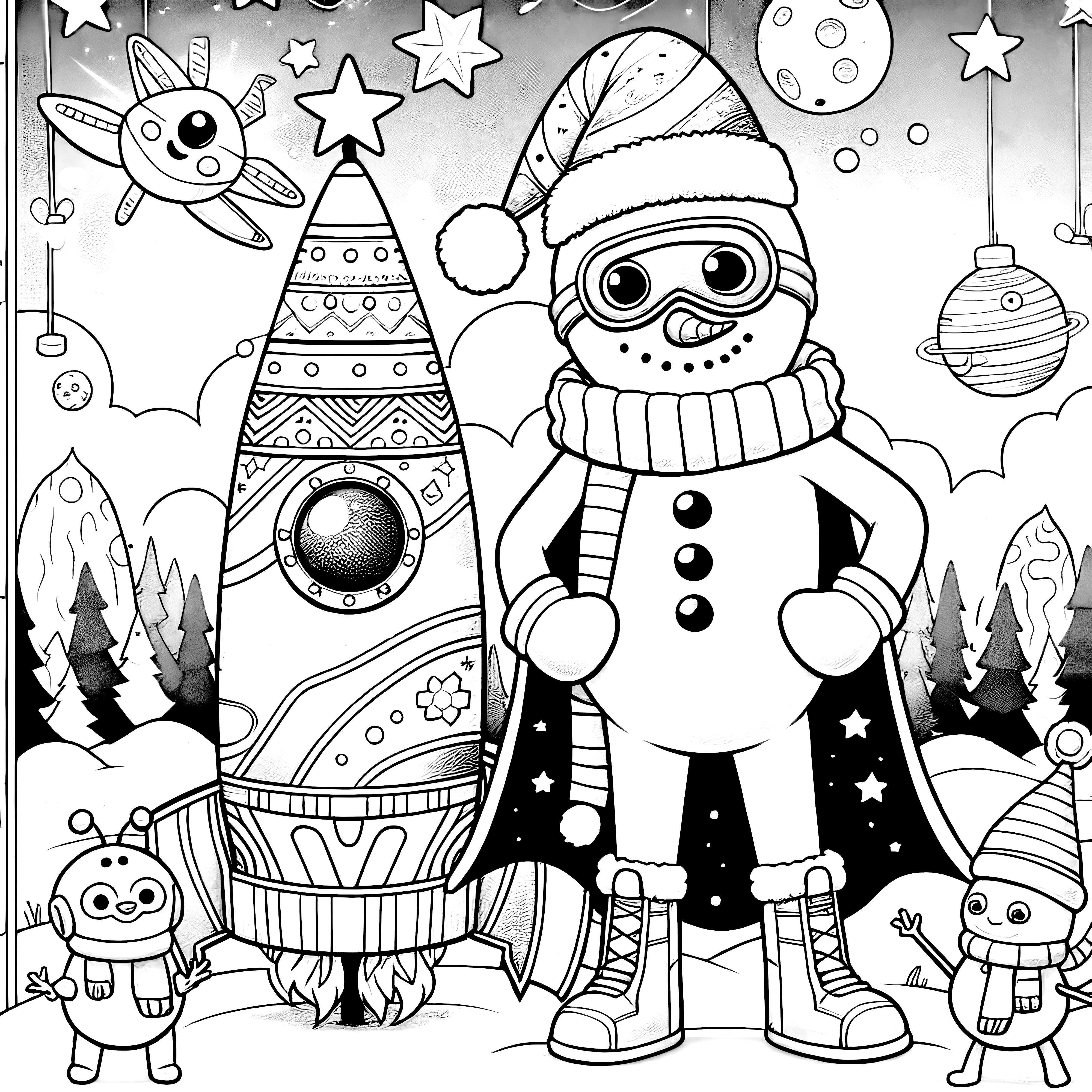 Boneco de neve, foguetão e extraterrestres - imagem engraçada para colorir