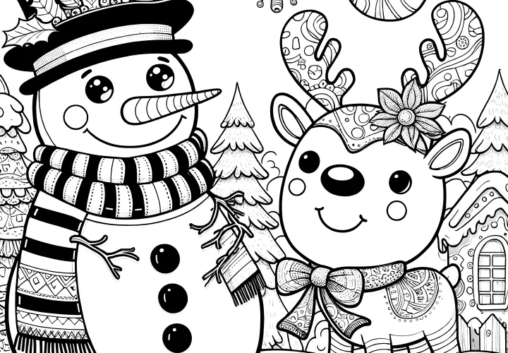 Boneco de neve e rena como imagem para colorir grátis