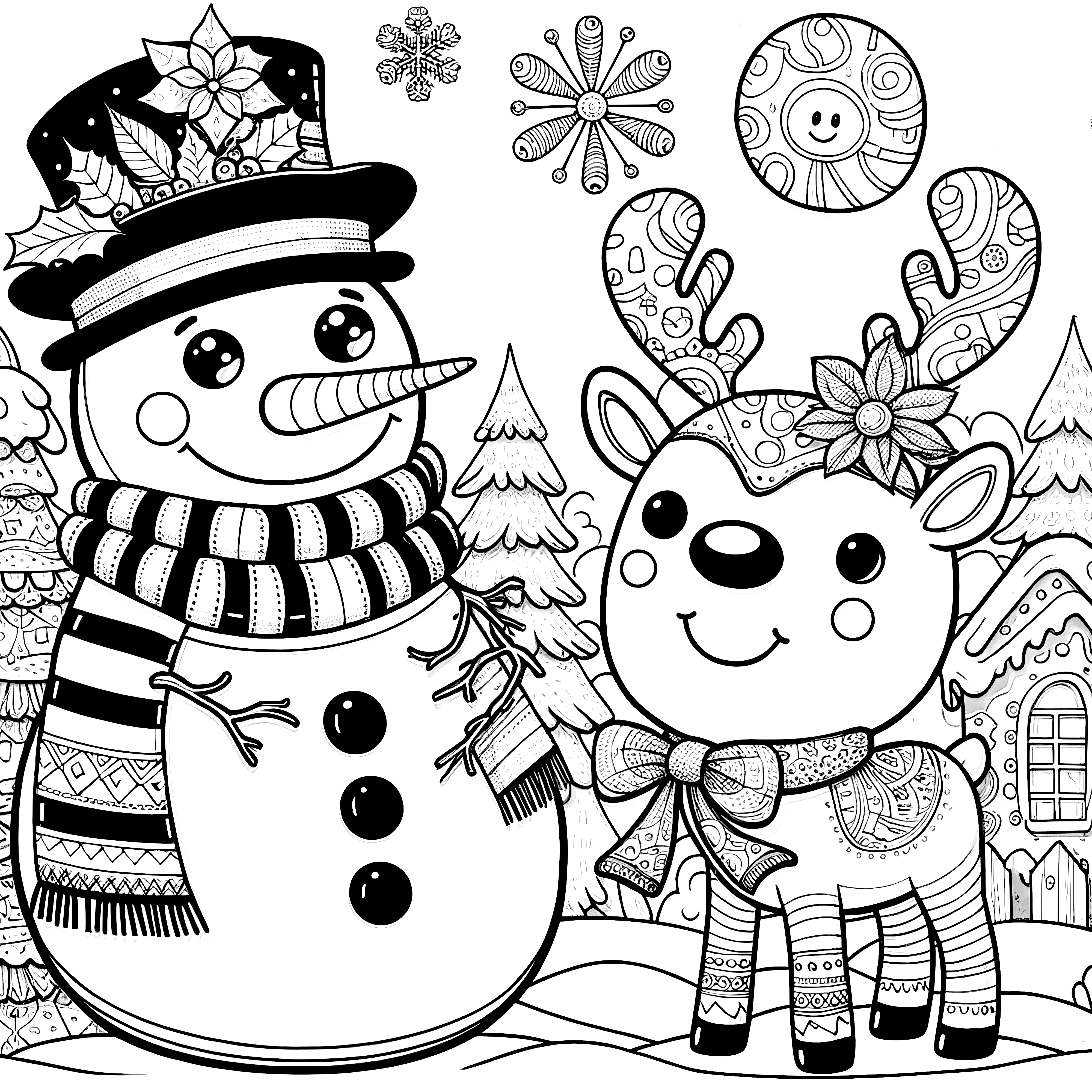 Snowman & reindeer as free coloring page