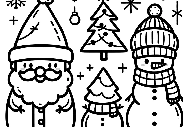 Simple coloring page for children: Snowman & Santa Claus