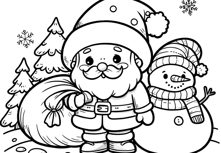 Snowman & Santa Claus in a winter landscape (coloring picture)