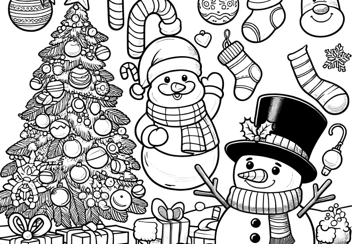 Snowman & many Christmas motifs (coloring page)