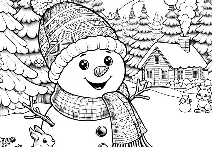 Boneco de neve numa paisagem de inverno com um esquilo para colorir