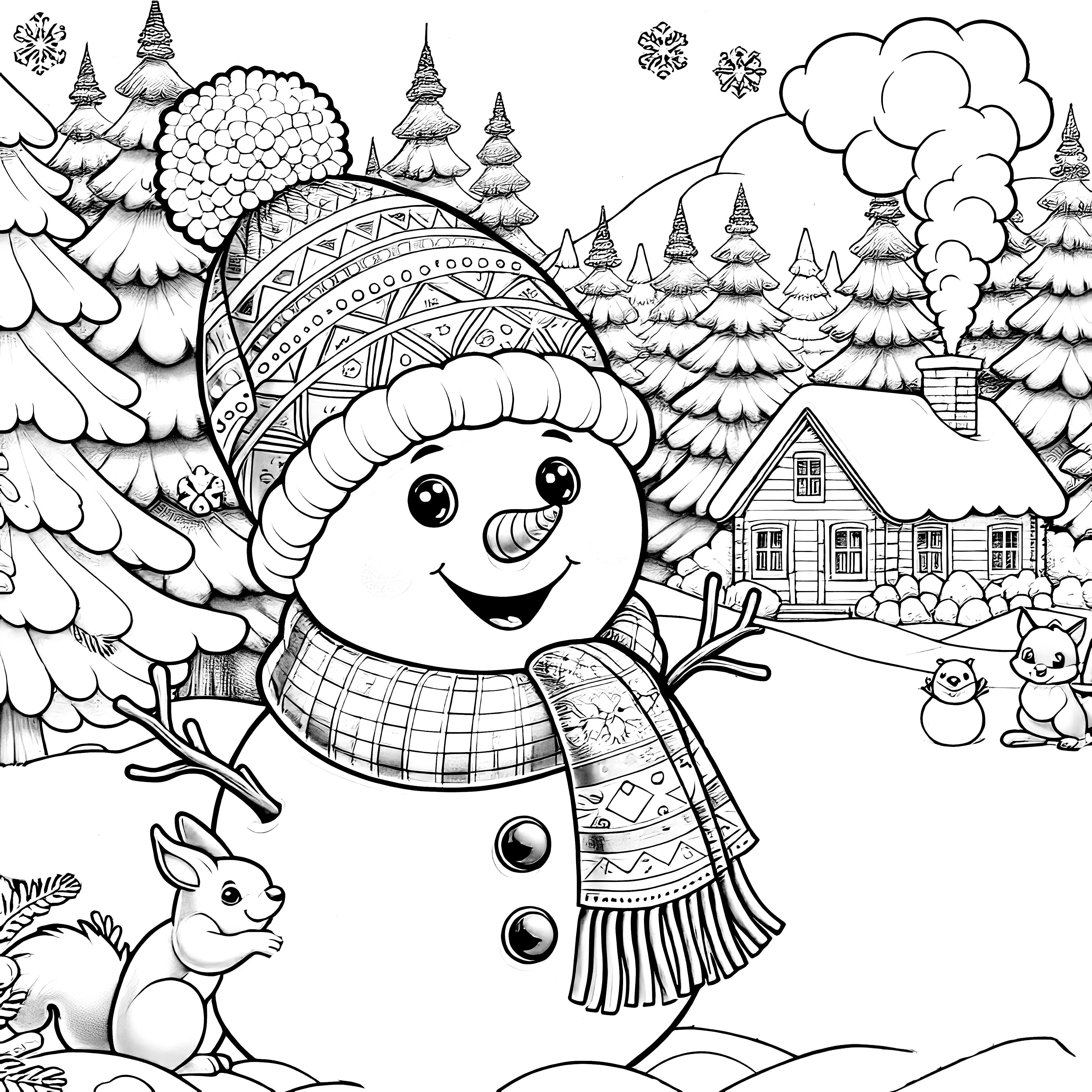 Boneco de neve numa paisagem de inverno com um esquilo para colorir