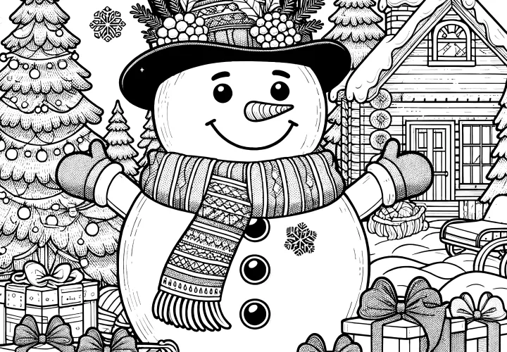 Christmas coloring picture: Snowman with presents