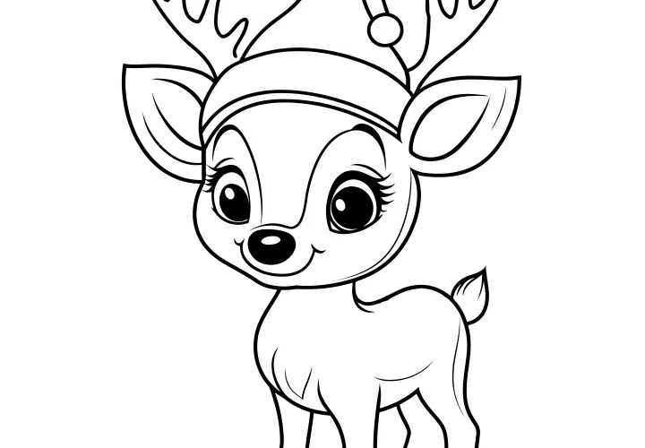 Little reindeer with hat: simple coloring page