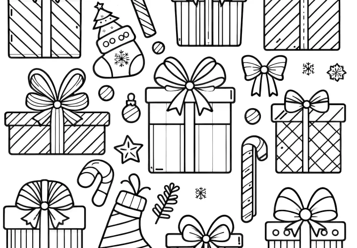 Many Christmas presents: simple coloring page