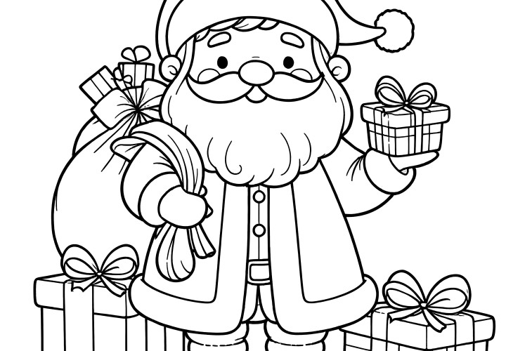 Père Noël avec des cadeaux : coloriage simple