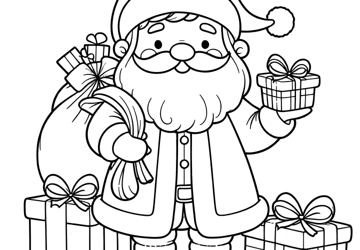 Santa Claus with gifts: simple coloring page