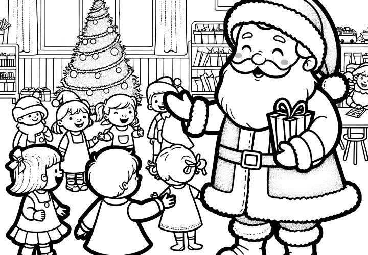 Père Noël à l'école primaire & à la maternelle (coloriage)