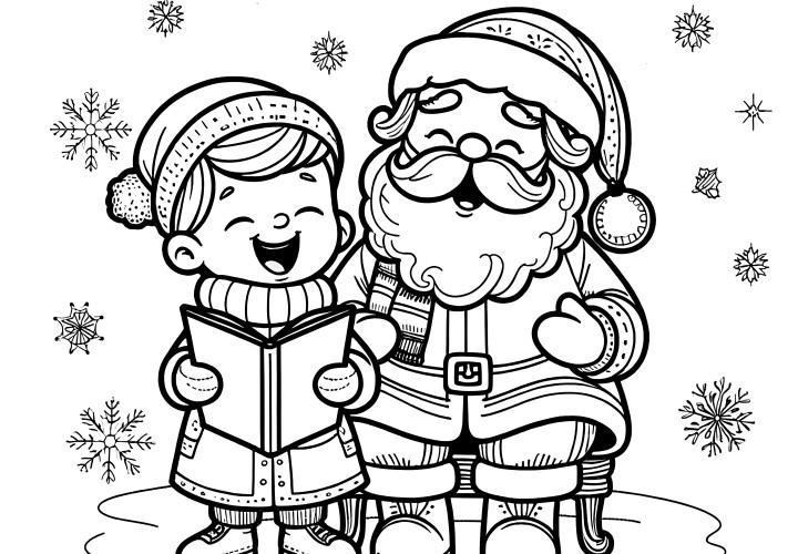 Santa Claus & child singing (simple coloring picture)