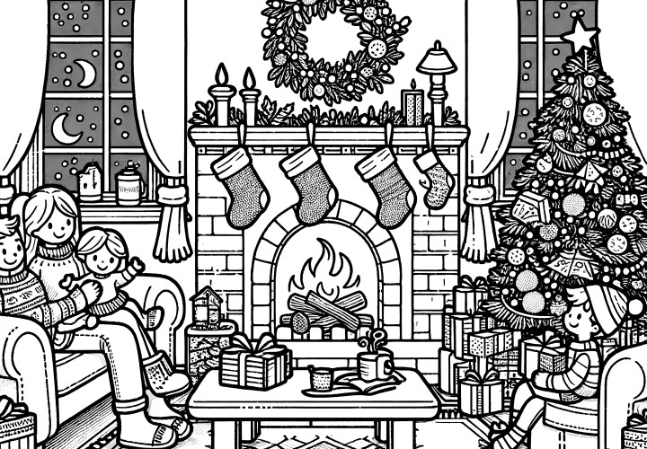 Familia, chimenea, árbol de Navidad y corona navideña (imagen para colorear)