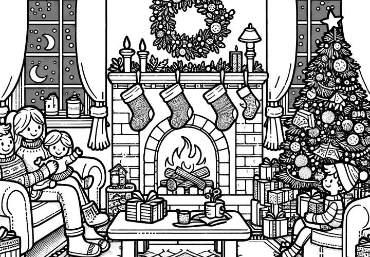 Family, fireplace, Christmas tree & Christmas wreath (coloring picture)