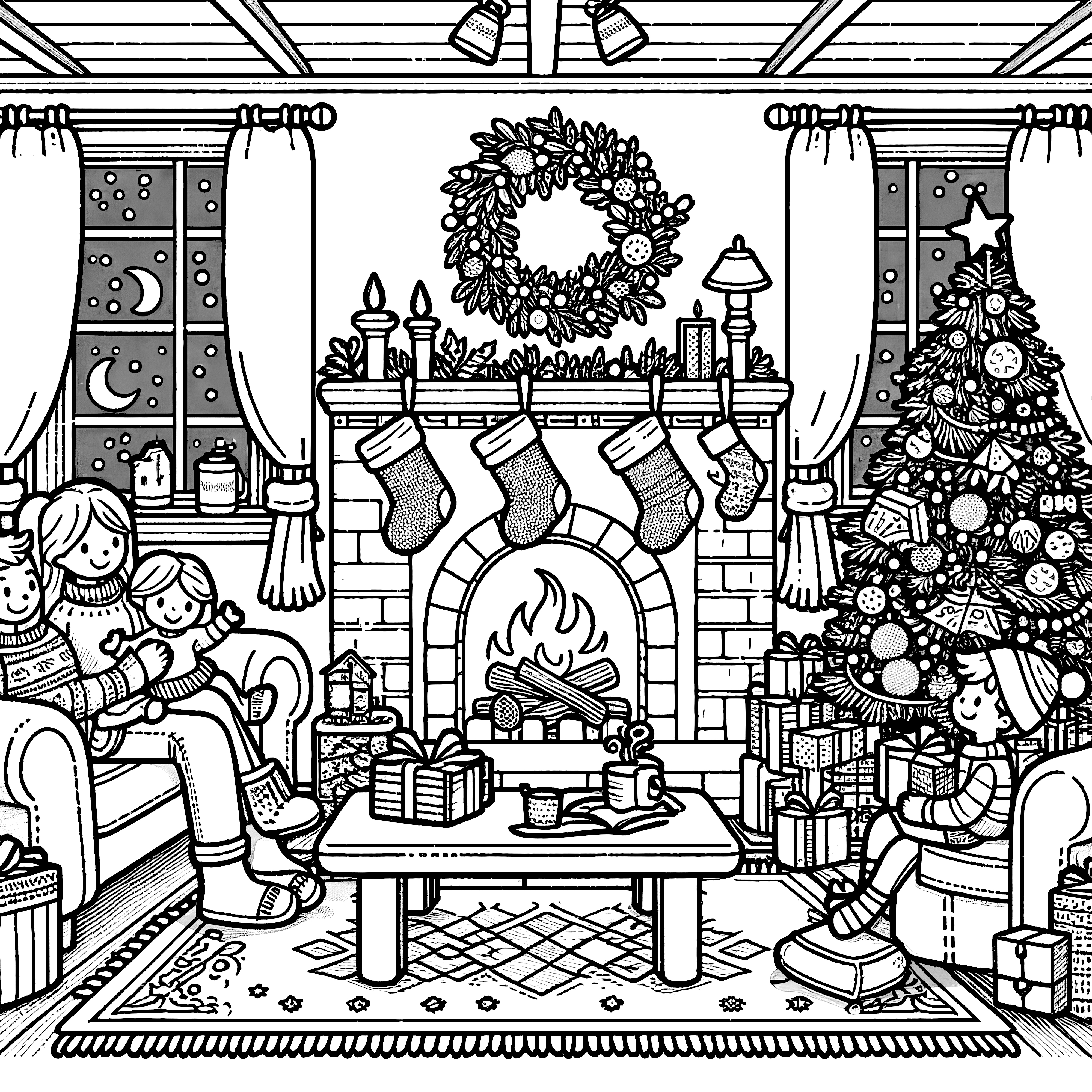 Family, fireplace, Christmas tree & Christmas wreath (coloring page)