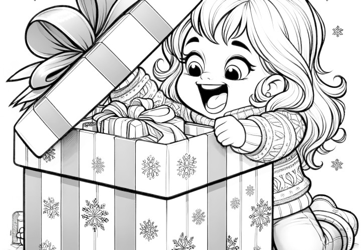 Distribution des cadeaux : l'enfant ouvre le cadeau de Noël (coloriage)