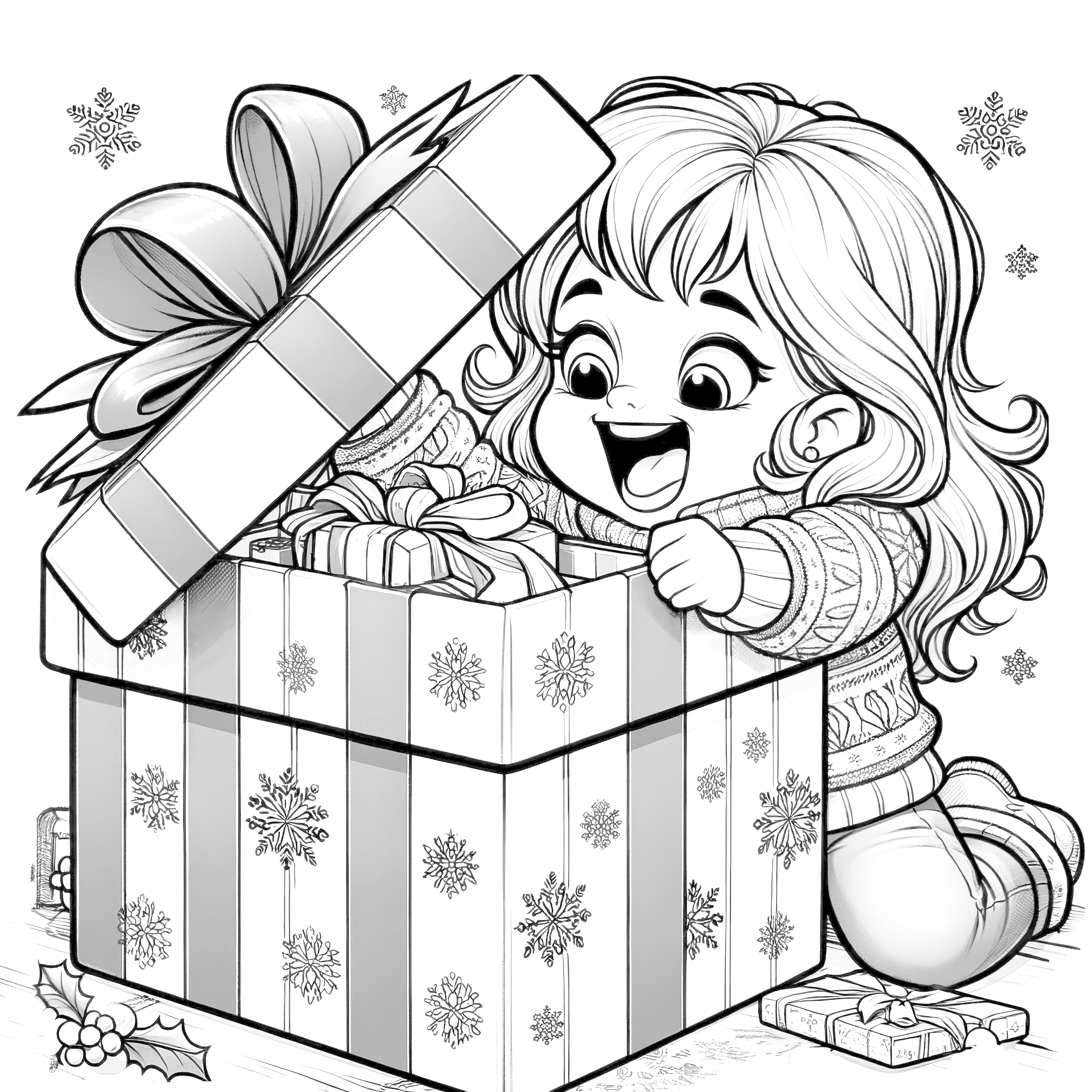 Unwrapped: Child opening Christmas present (coloring page)