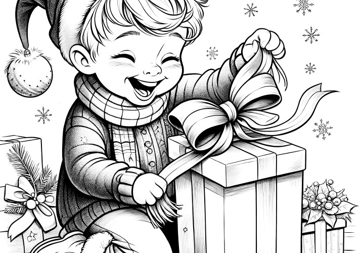 Un garçon ouvre un cadeau de Noël (coloriage)