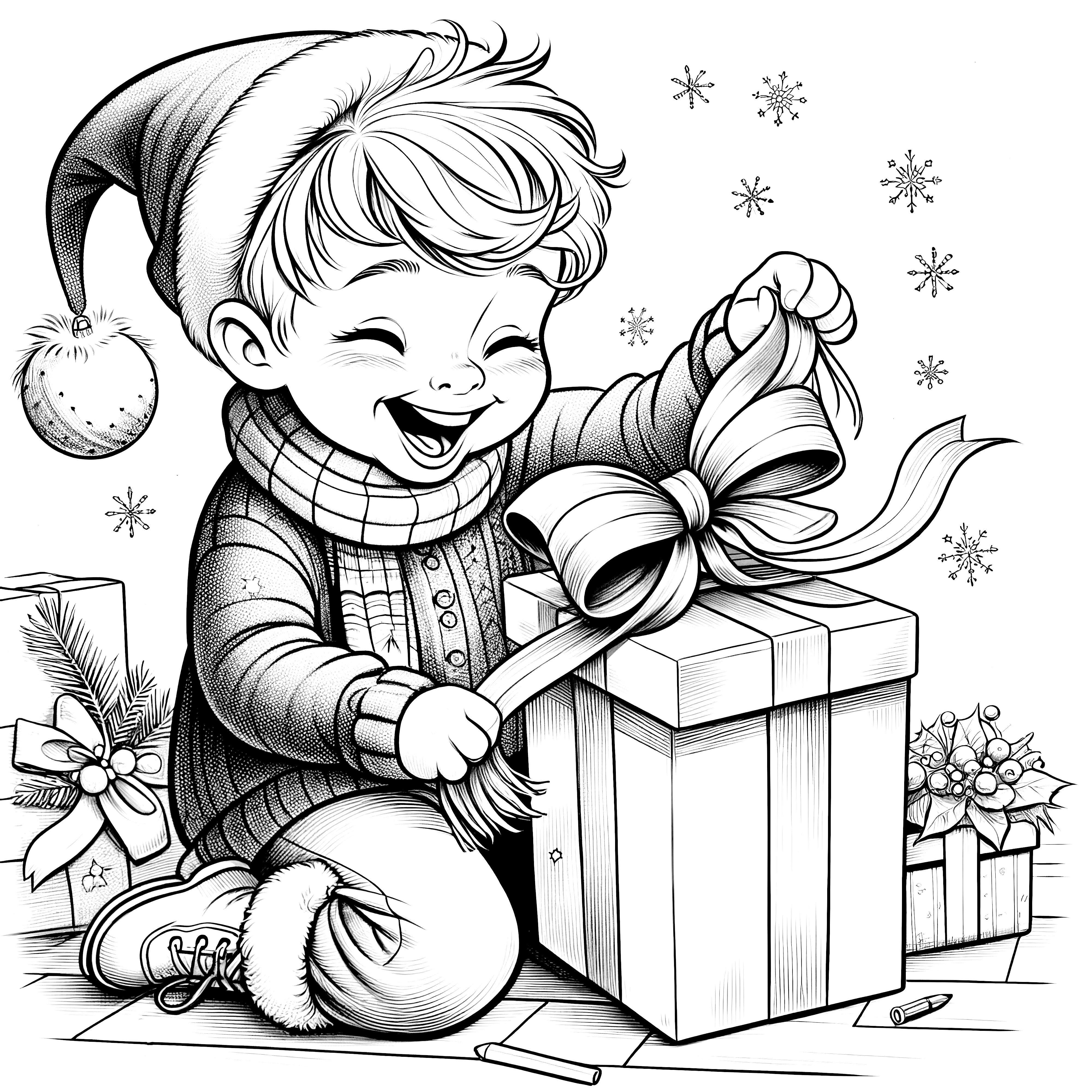 Boy unpacks Christmas present (coloring page)