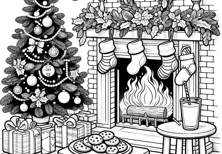 Feu de cheminée et sapin de Noël : coloriage de Noël