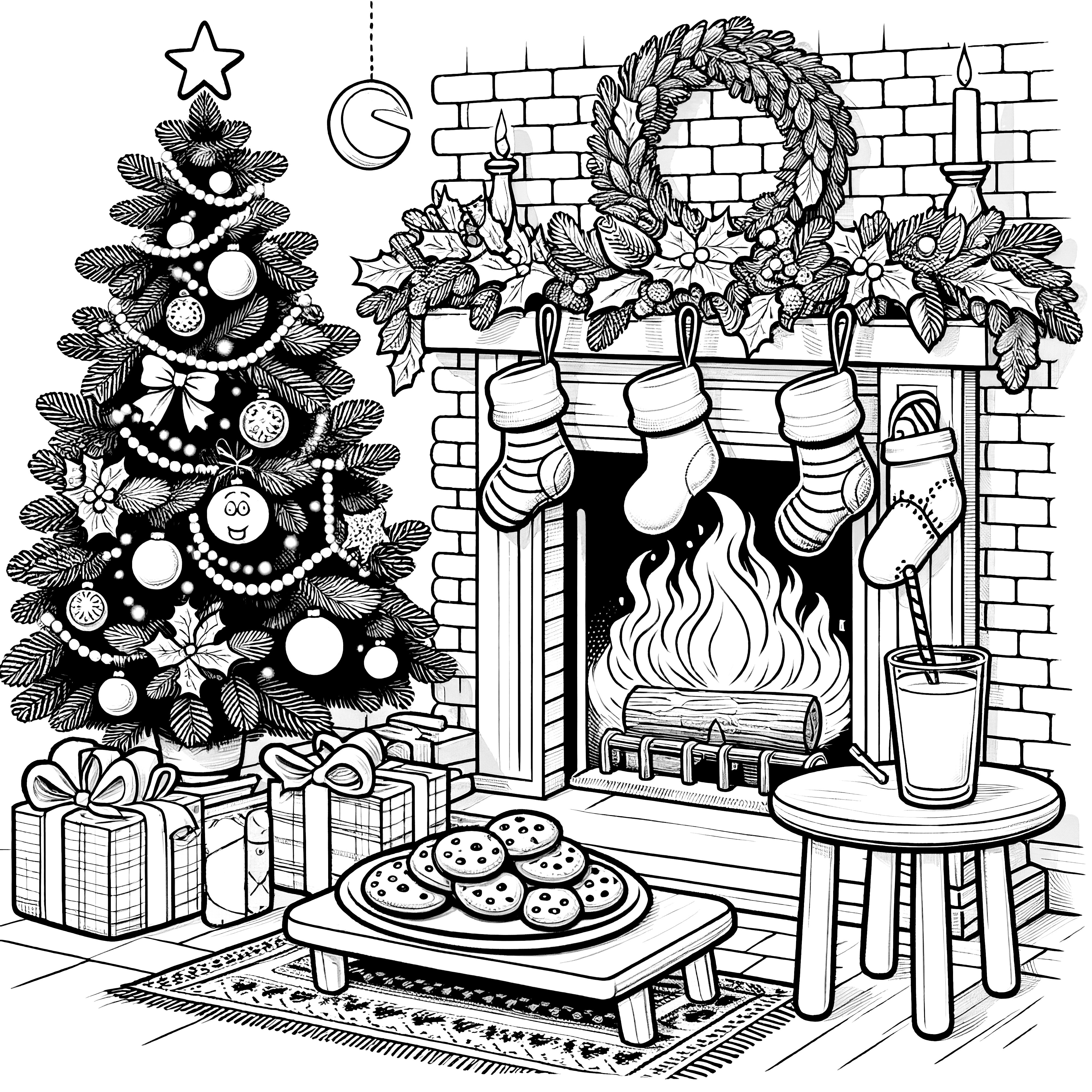 Fuego de chimenea y árbol de Navidad: plantilla para colorear navideña