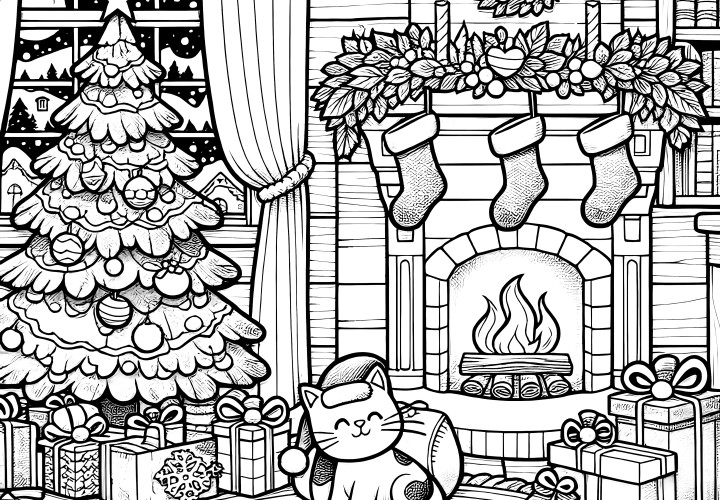 Cat in front of fireplace & Christmas tree (coloring page)