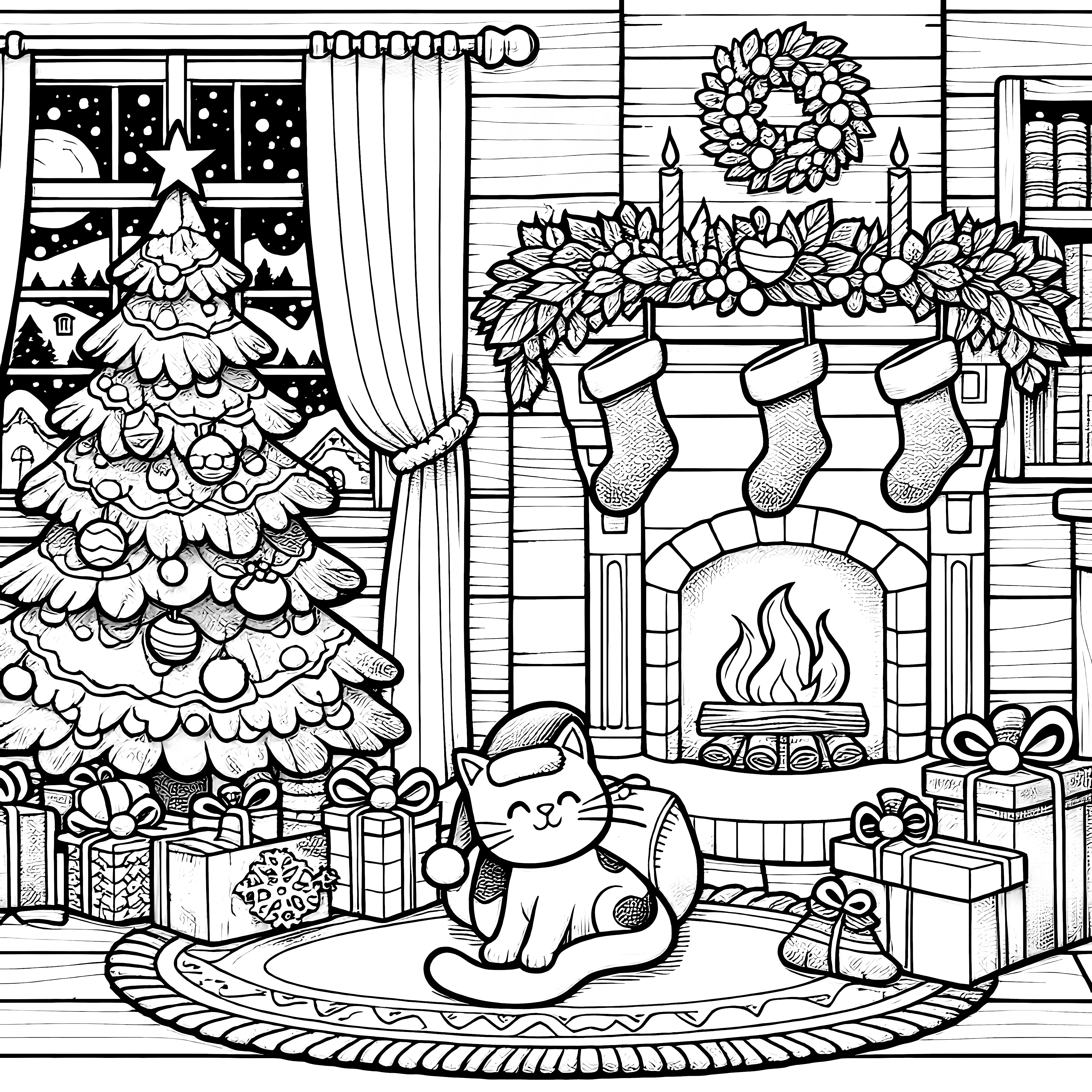 Cat in front of fireplace & Christmas tree (coloring page)