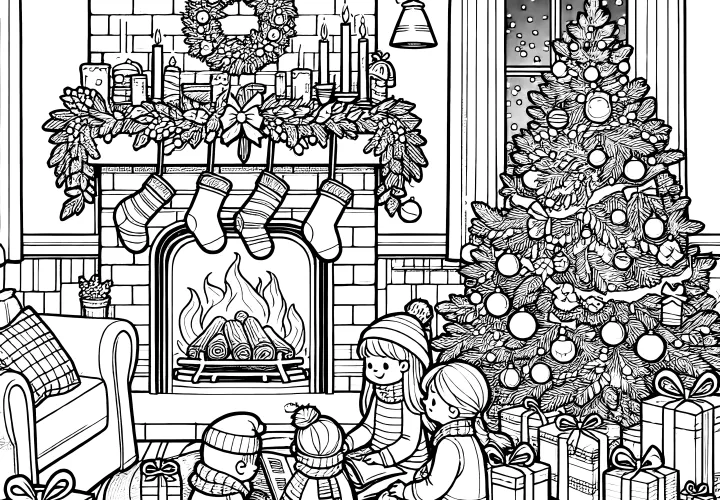 Children, fireplace, gifts, Christmas tree - coloring page