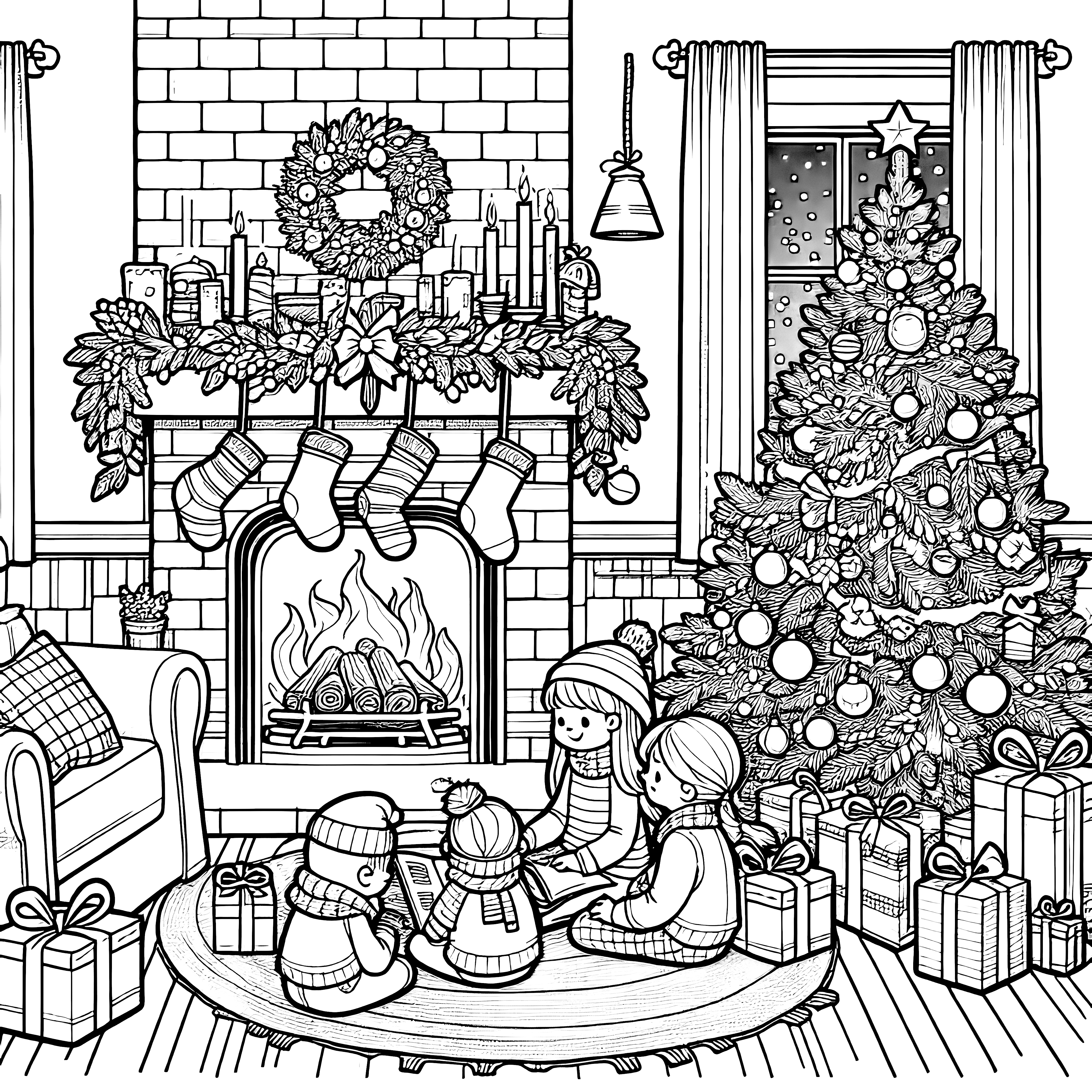 Children, fireplace, gifts, Christmas tree - coloring page