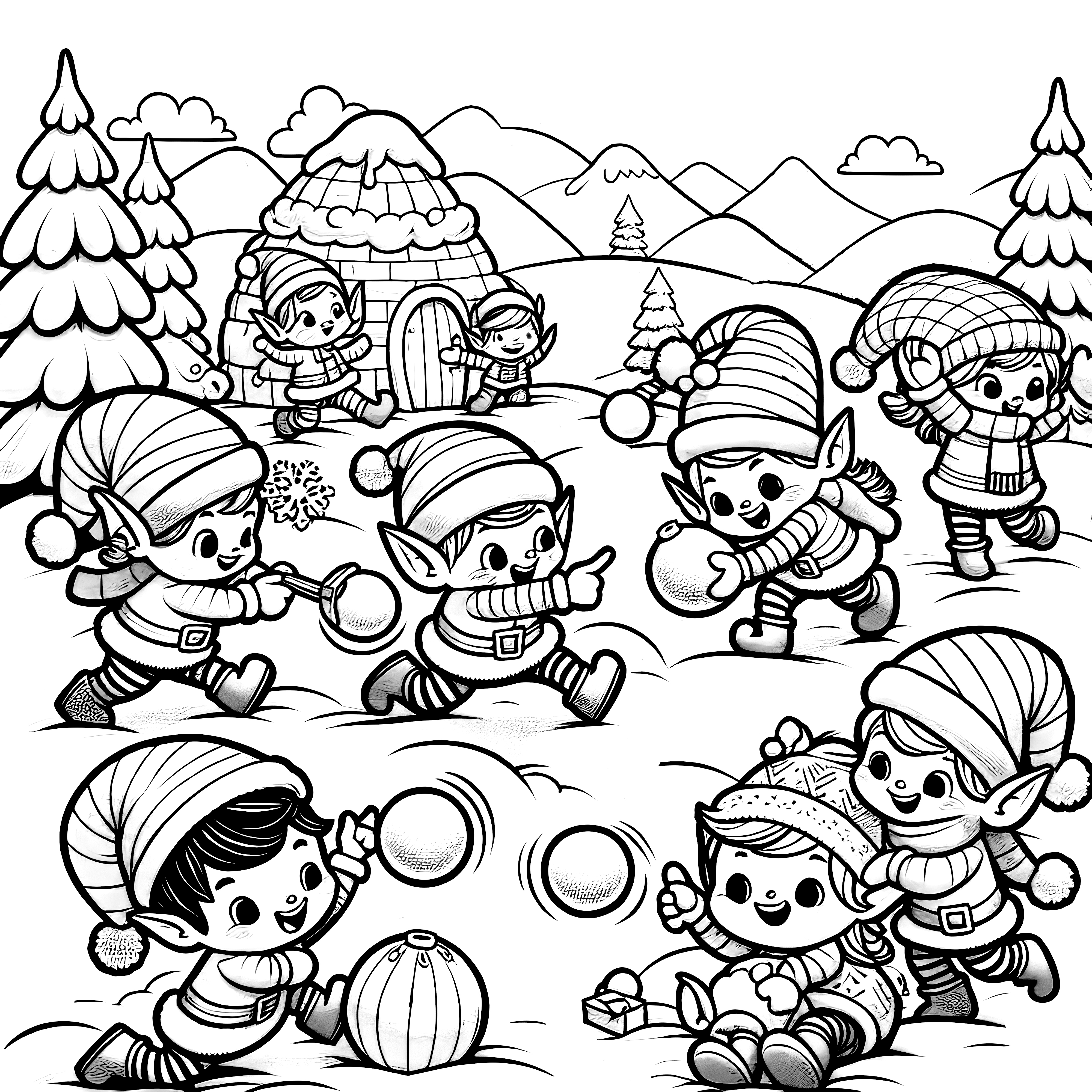 Snowball fight in the winter landscape (coloring picture)