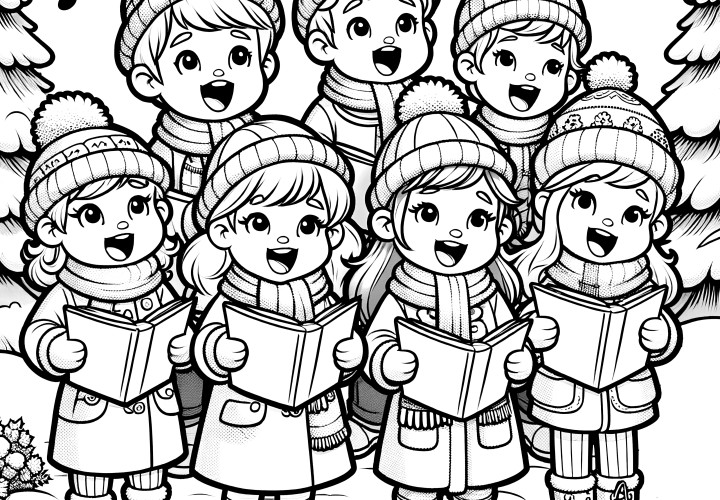 Crianças a cantar numa paisagem de neve: desenho de Natal para colorir