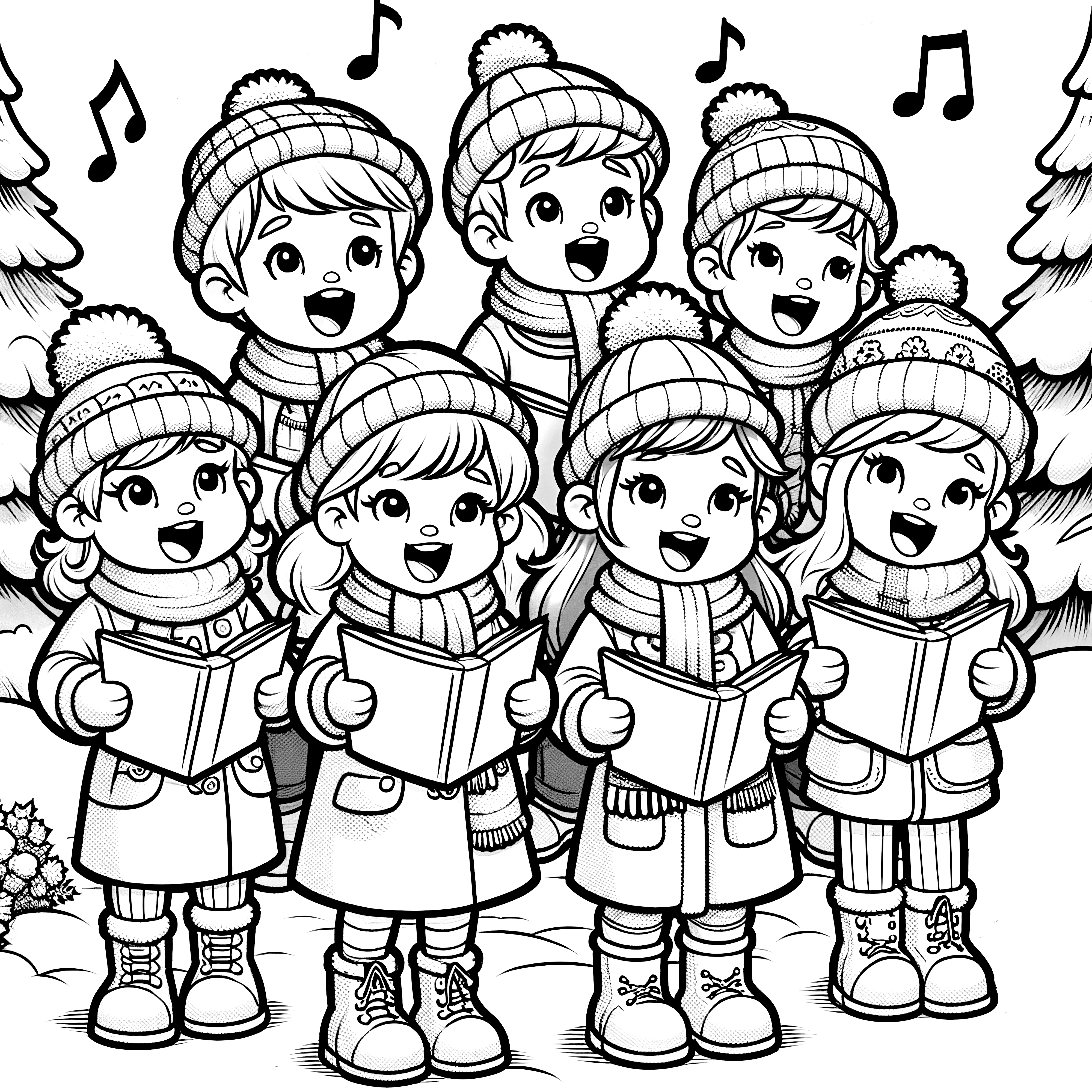 Niños cantan en un paisaje nevado: imagen de Navidad para colorear