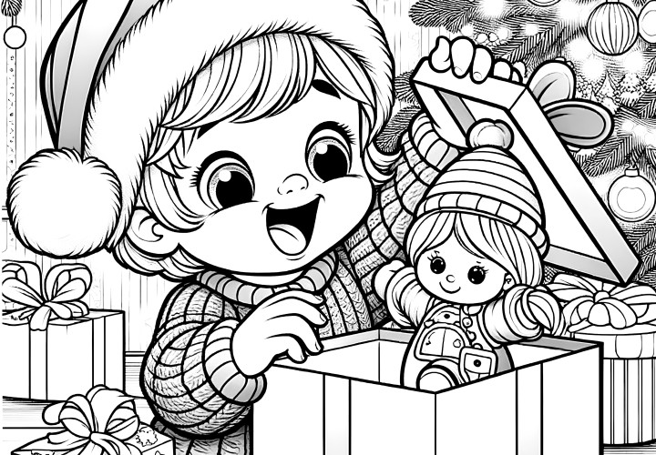 Criança a desembrulhar a prenda de Natal com uma boneca (imagem para colorir)