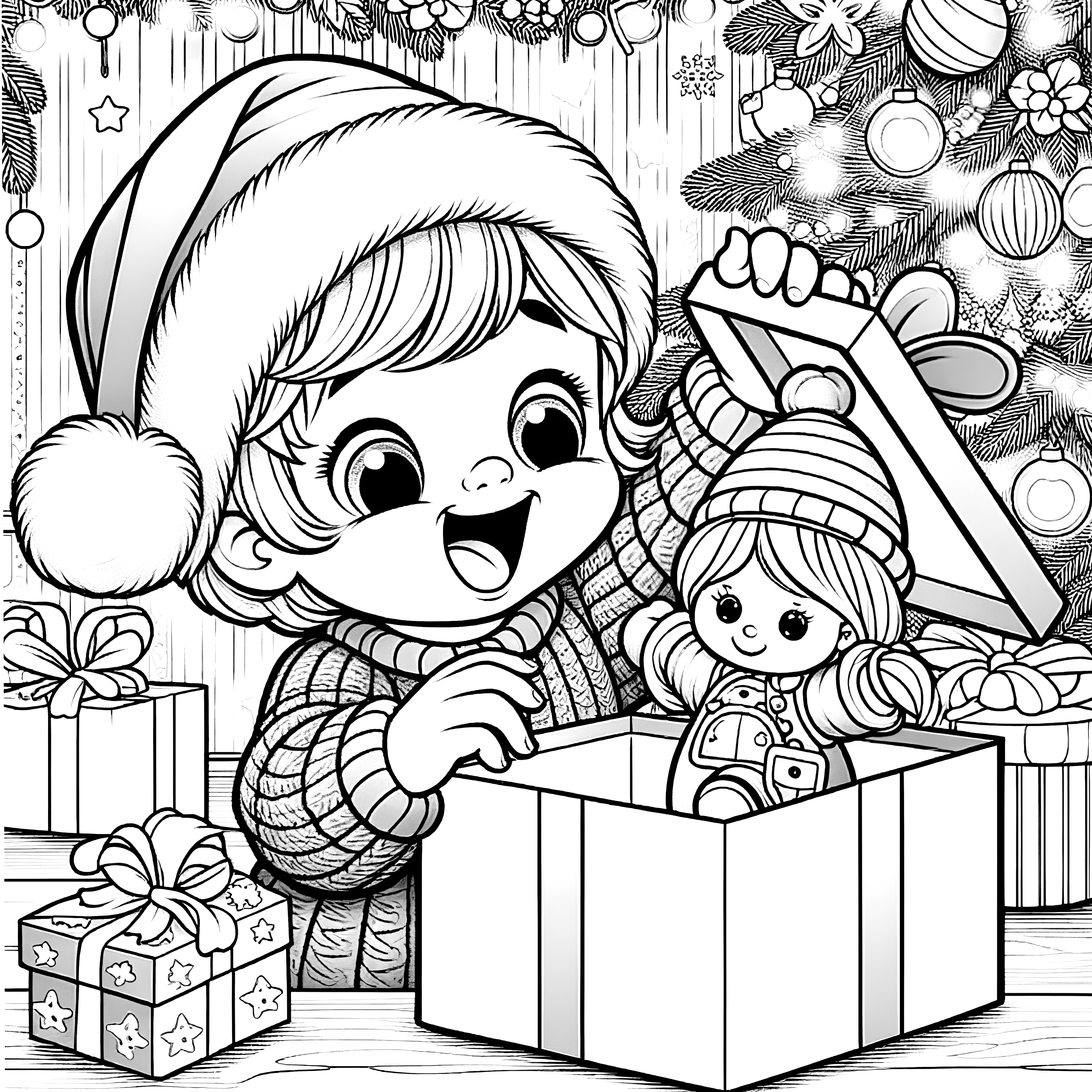 Criança a desembrulhar a prenda de Natal com uma boneca (imagem para colorir)