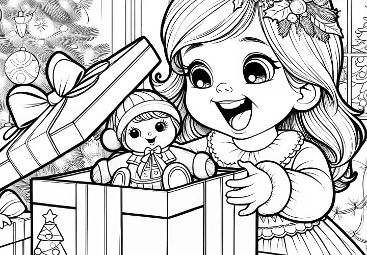 The girl unwraps a present: Christmas picture to color