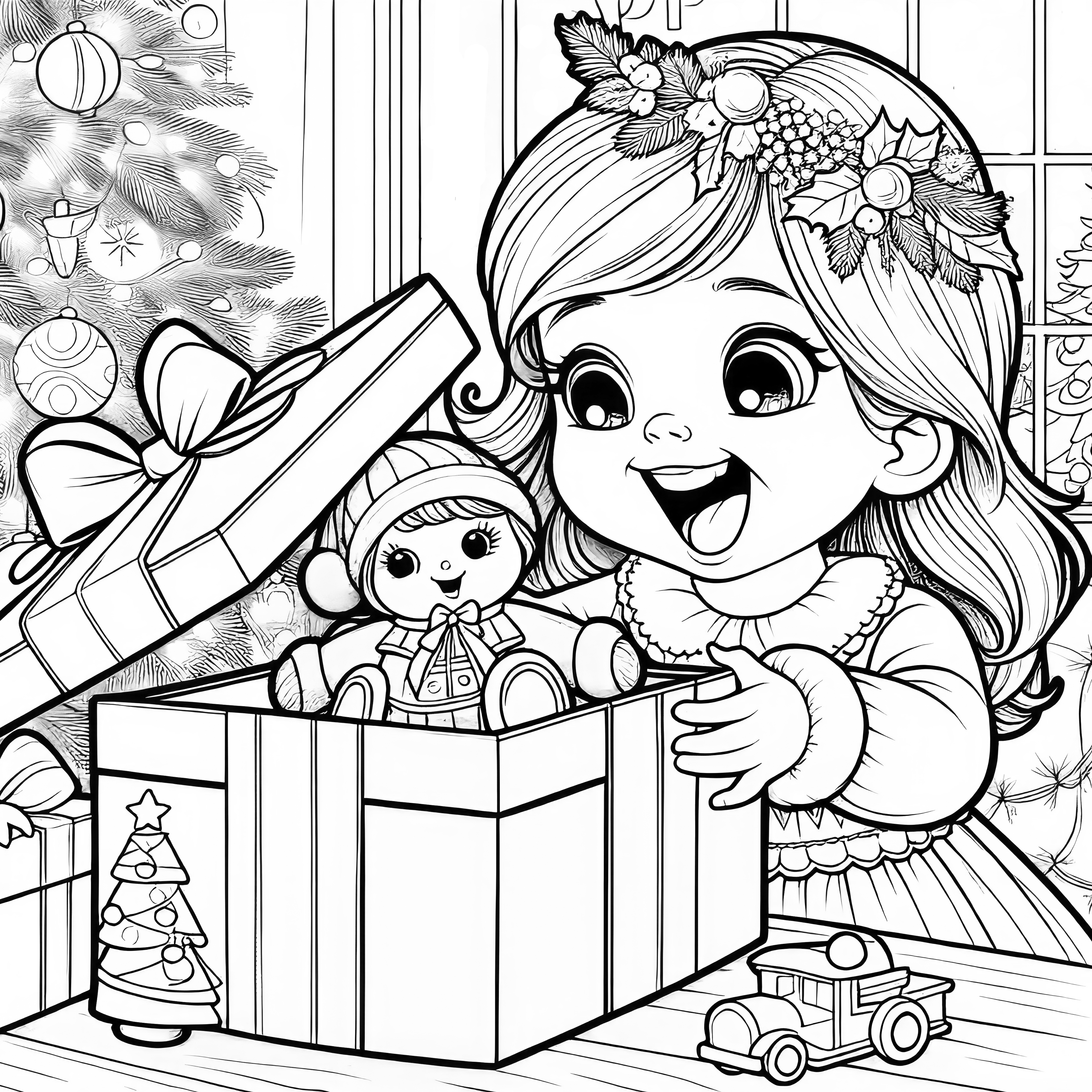 Fille déballe cadeau : image de Noël à colorier