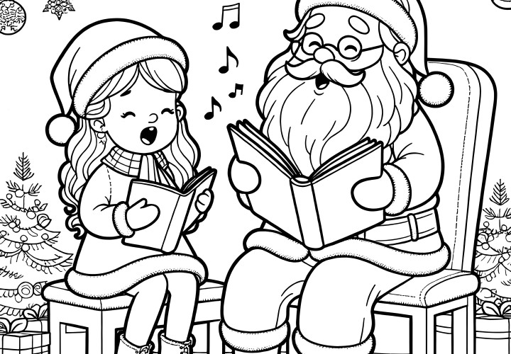 Menina e Pai Natal a cantar (desenho para colorir)