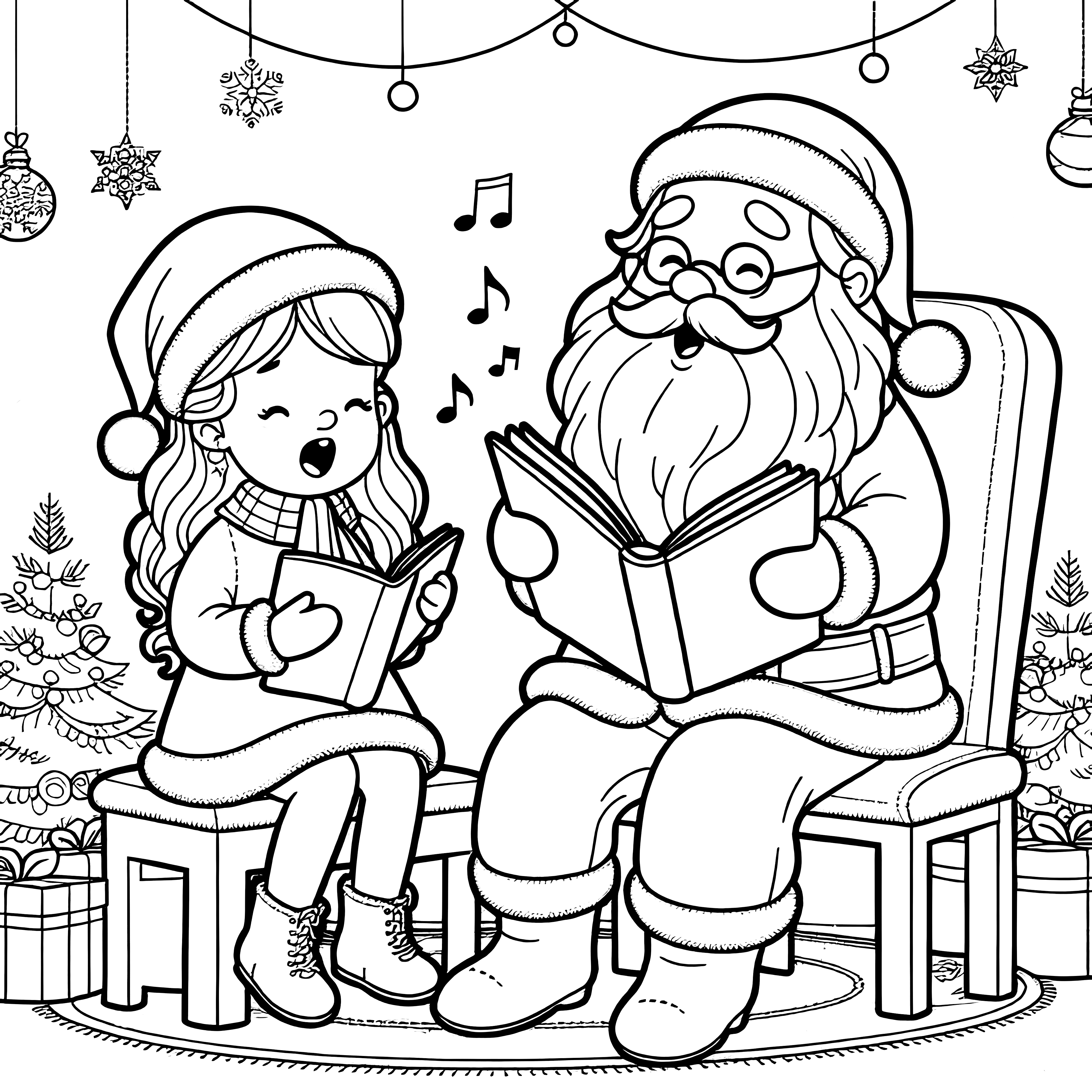 Girls and Santa Claus are singing (coloring picture)