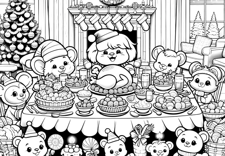 Peluches en la cena de Navidad (página para colorear gratuita)