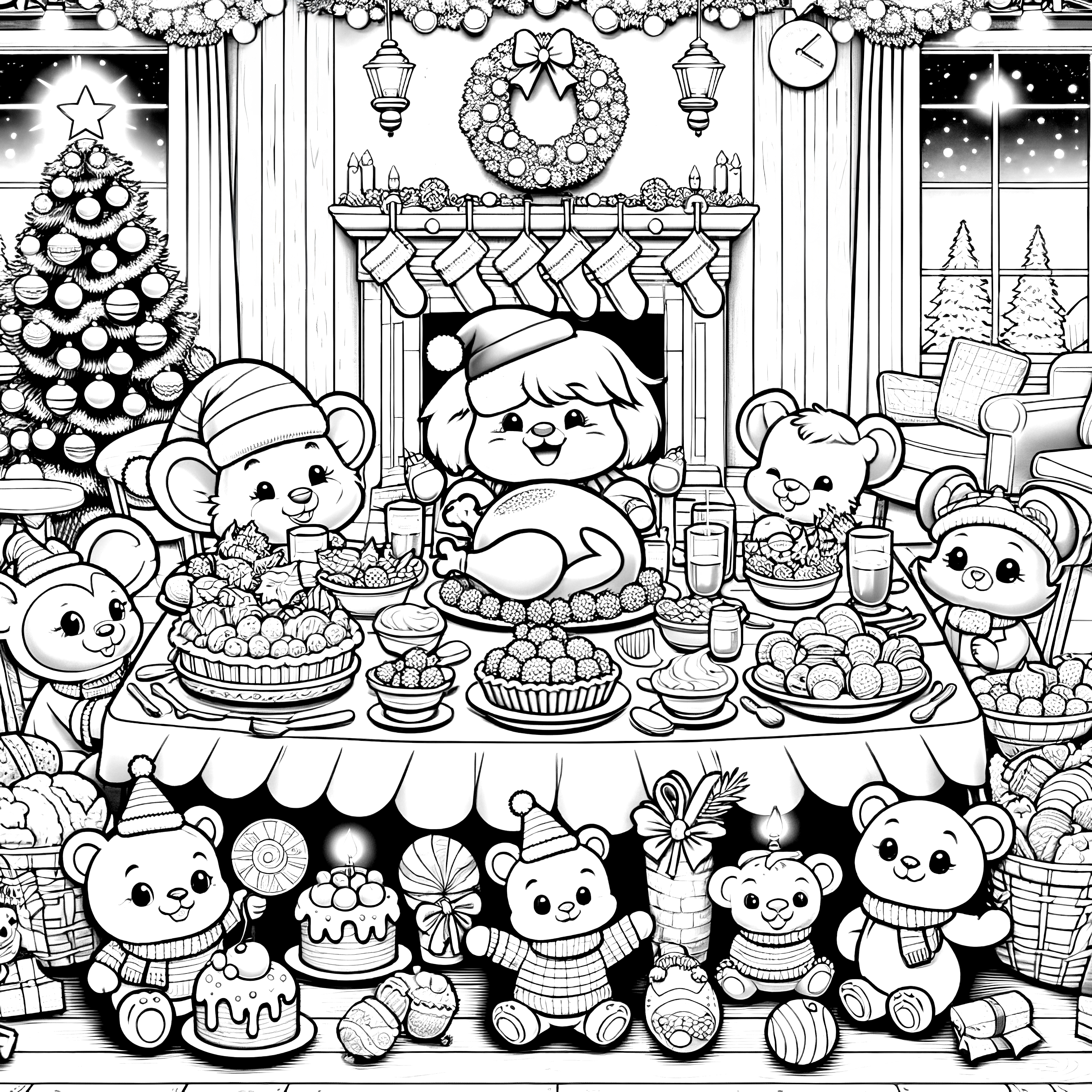 Plush animals at the Christmas feast (free coloring page)