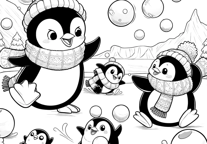 Penguins in a snowball fight: Christmas picture to color