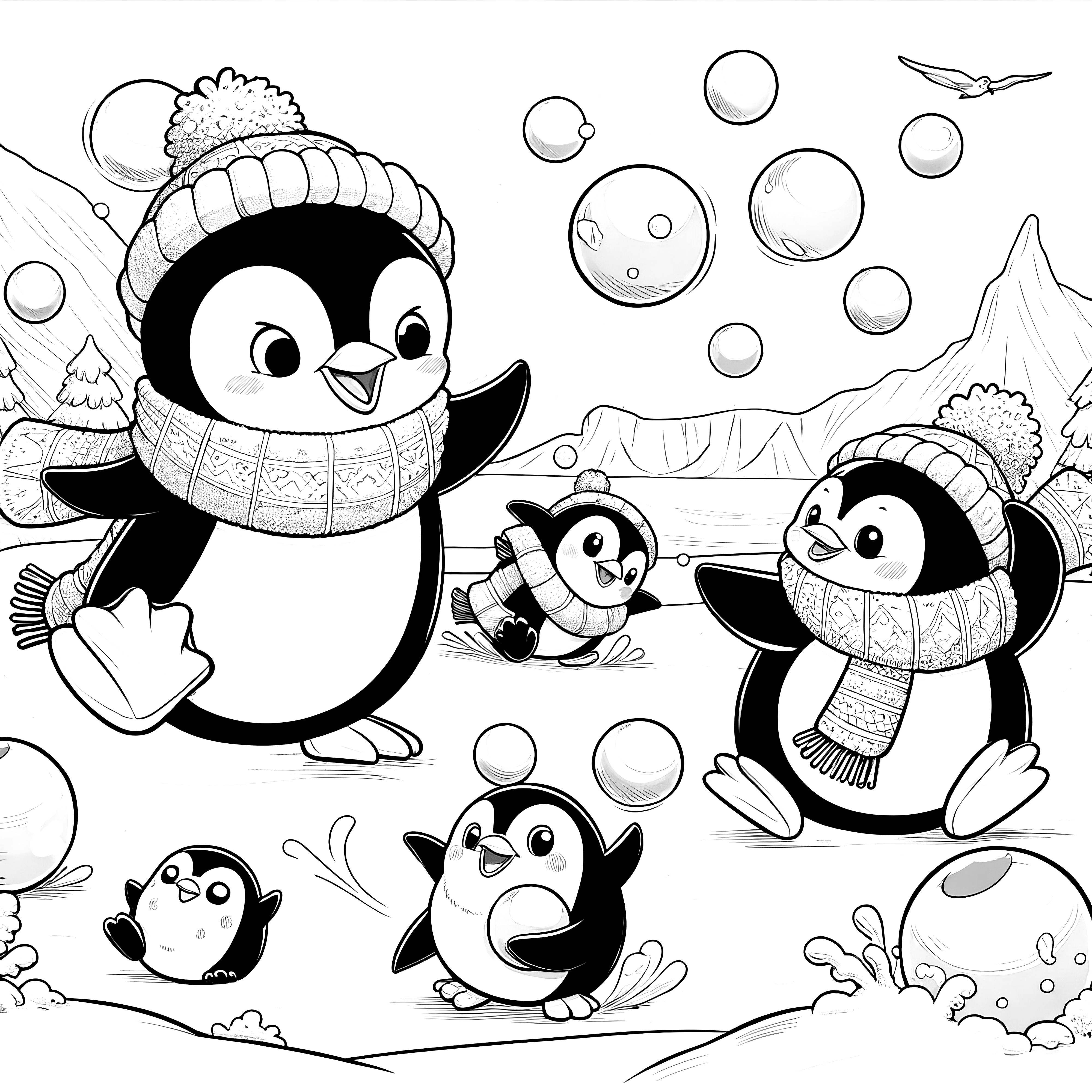 Penguins in snowball fight: Christmas picture to color