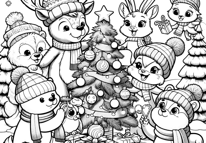 Reno y otros animales alrededor del árbol de Navidad (dibujo para colorear)