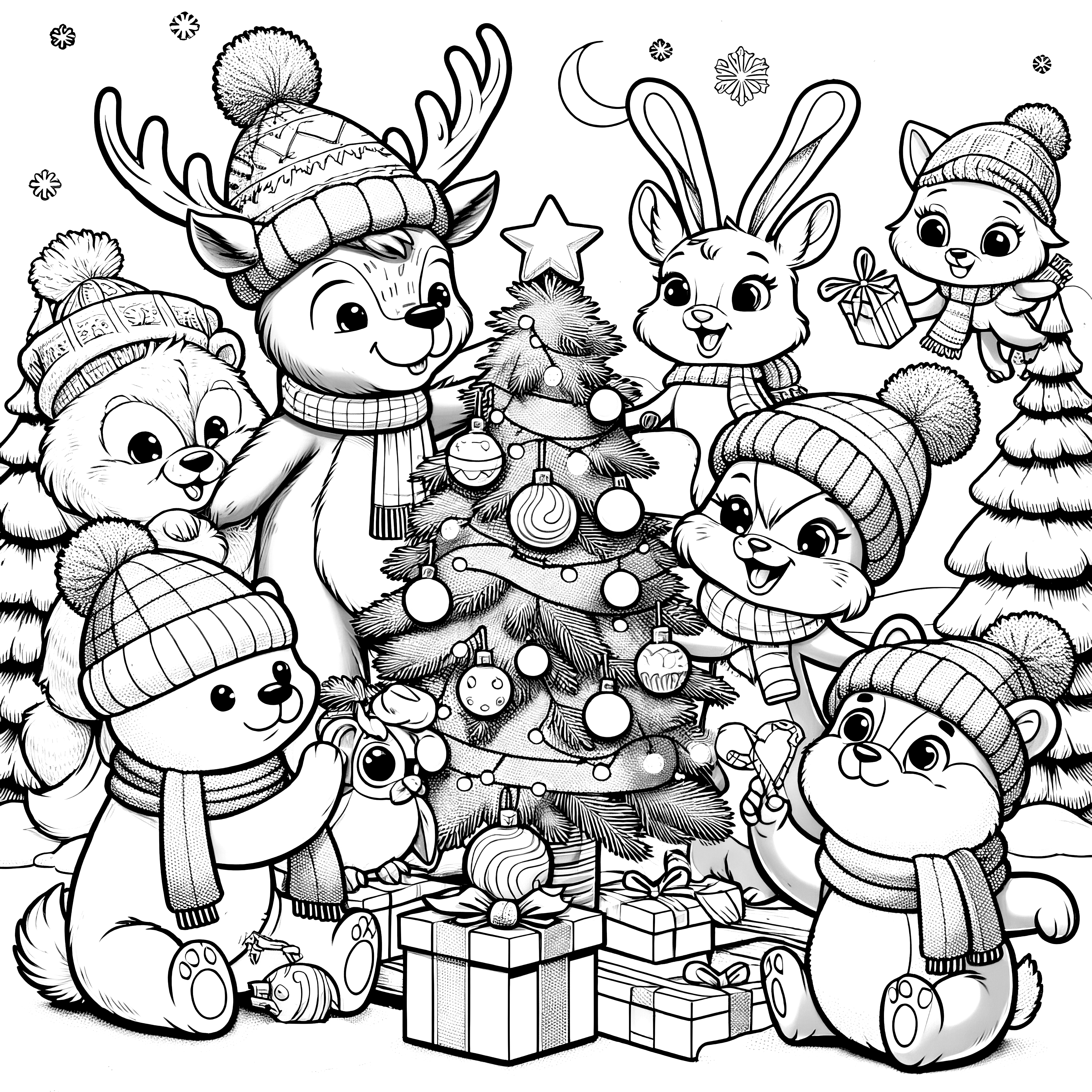 Reindeer & other animals around Christmas tree (coloring page)