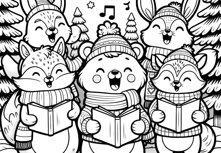 Les animaux mignons chantent dans un paysage enneigé (coloriage gratuit)