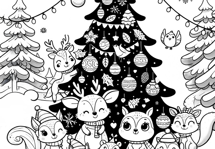 Animals in the snow with a Christmas tree: Christmas picture for coloring