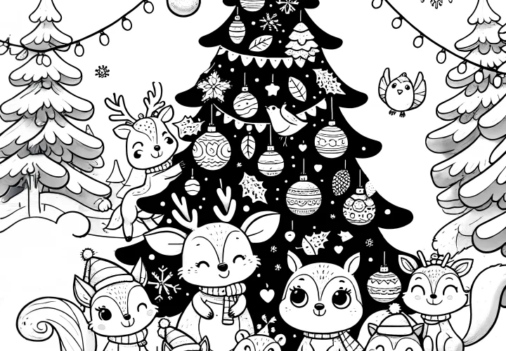 Animaux dans la neige avec un sapin de Noël : image de Noël à colorier