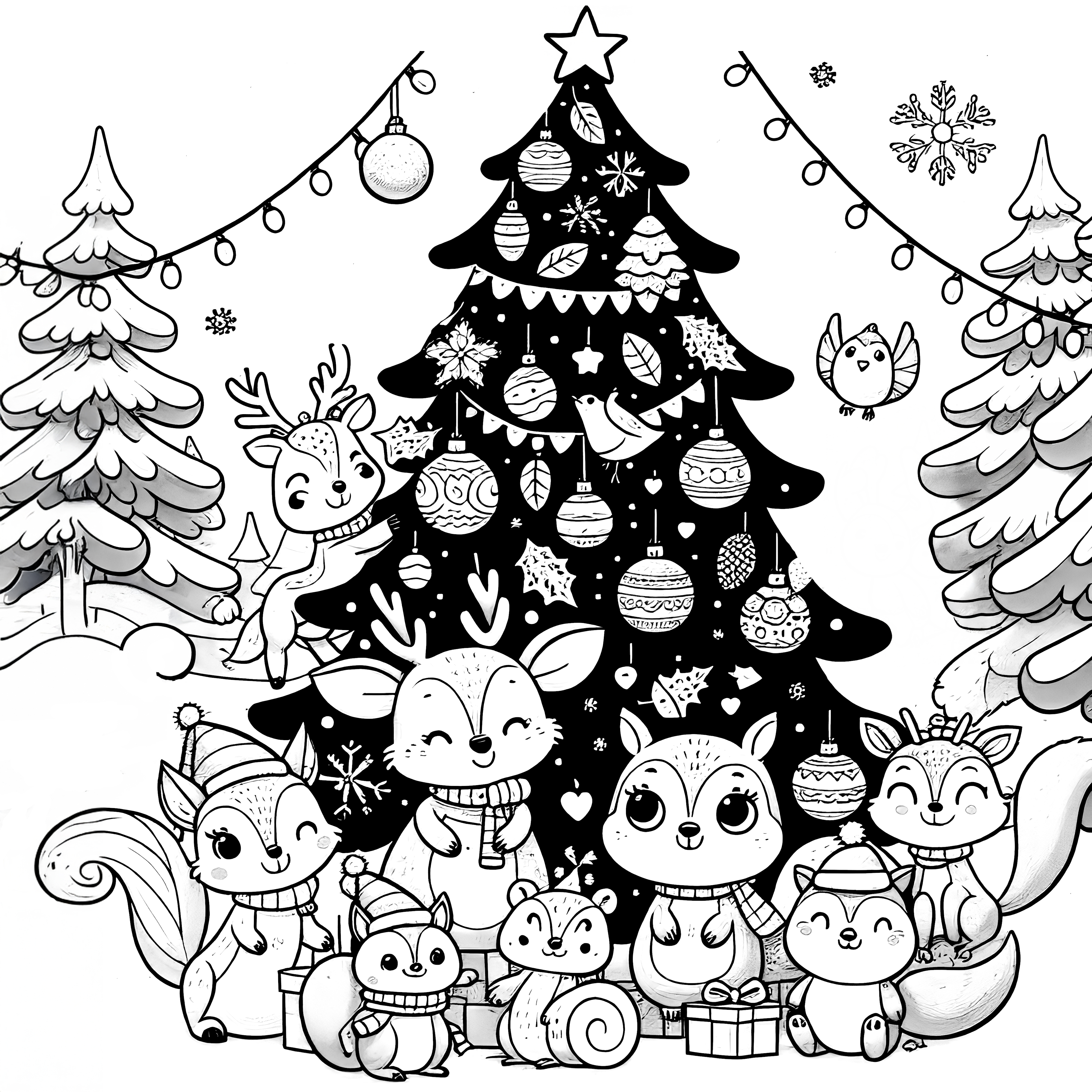 Animais na neve com árvore de Natal: desenho de Natal para colorir