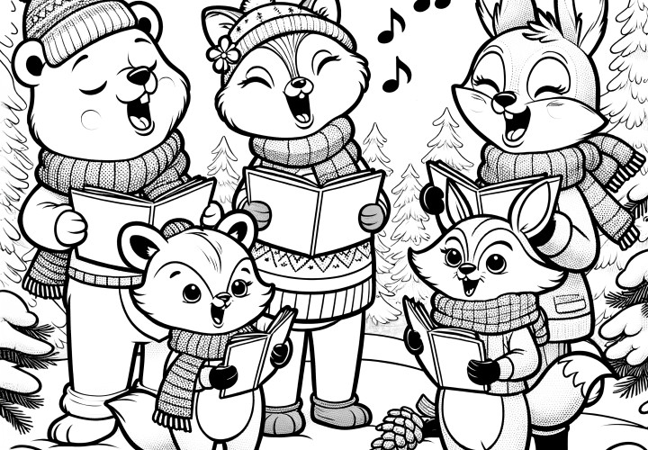 Animals sing in a winter landscape (free coloring page)