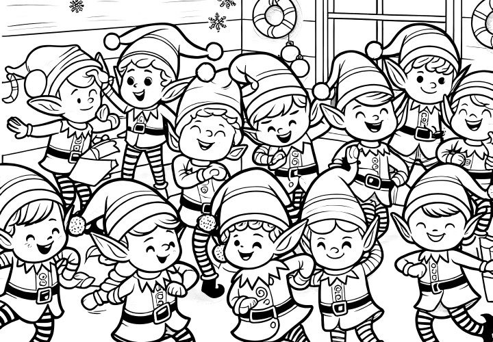 Los elfos de Navidad bailan y cantan (imagen de Navidad para colorear)