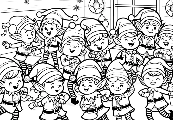 Christmas elves dance & sing (Christmas picture to color)